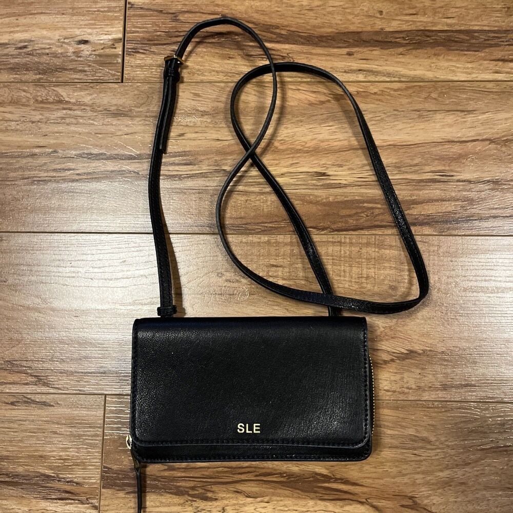 Fossil Crossbody Bag Women's Black Leather Wallet Clutch Detachable Strap Brass